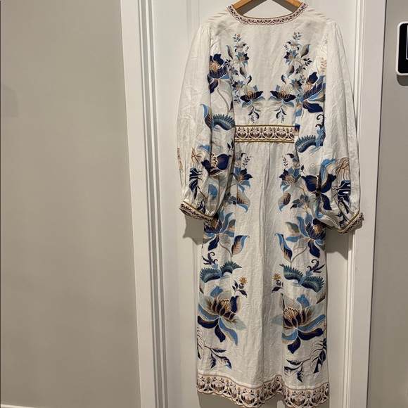 Farm Rio Mystic Blue Lotus Placed Print Long Sleeve Linen Blend Maxi Dress - Picture 10 of 15